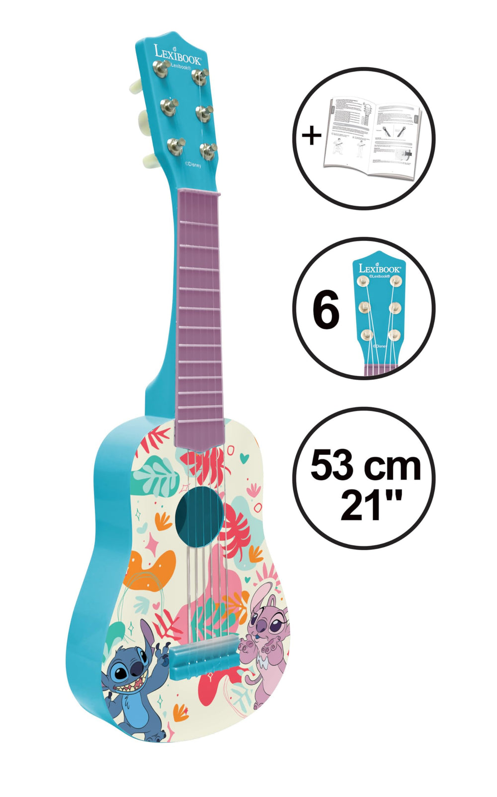 Lexibook Stitch kids guitar in bright blue, lightweight plastic.