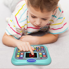 Lexibook screen content showing colorful letters and animals for learning.