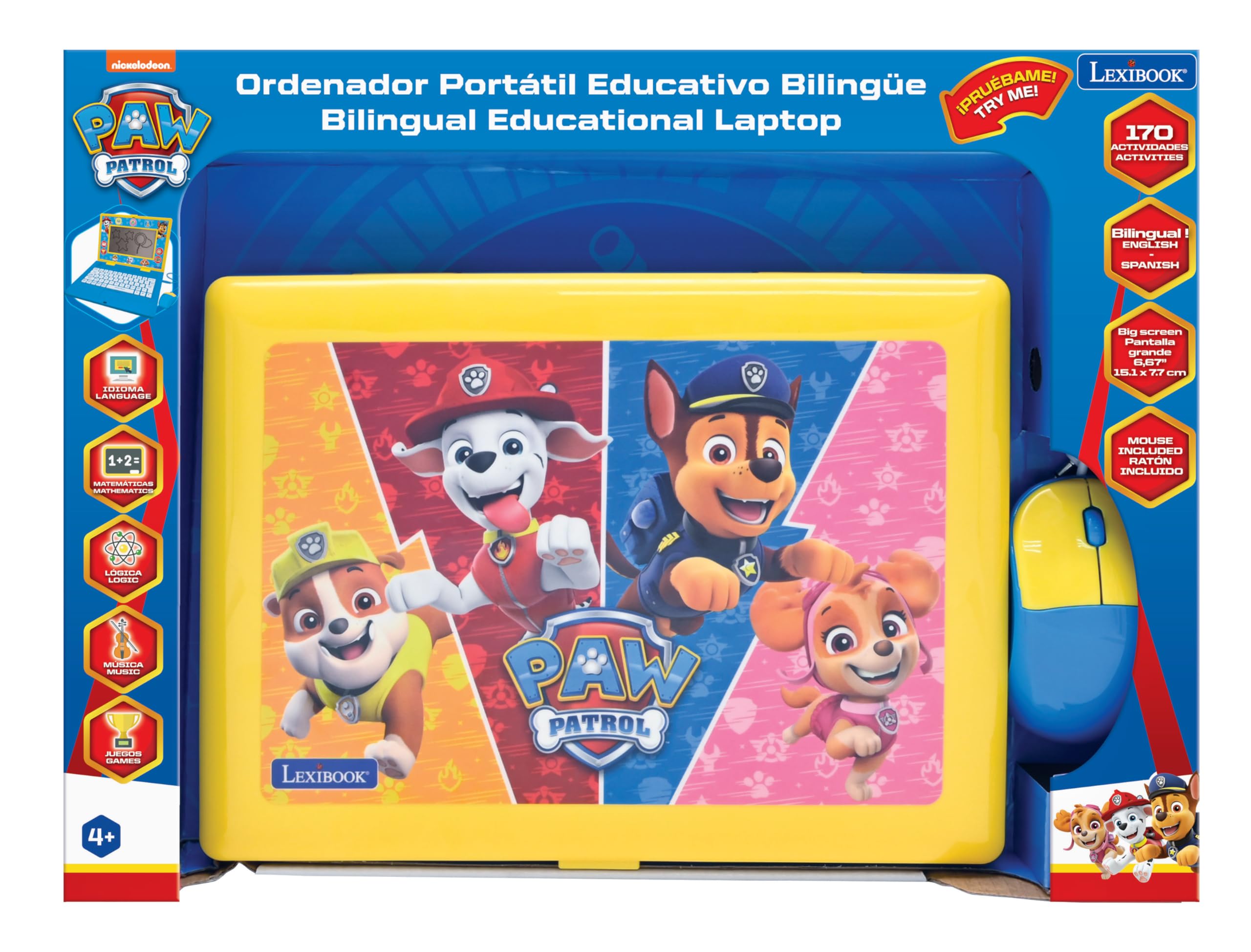 Lexibook Paw Patrol laptop 170 bilingual activities promote language and logic skills.