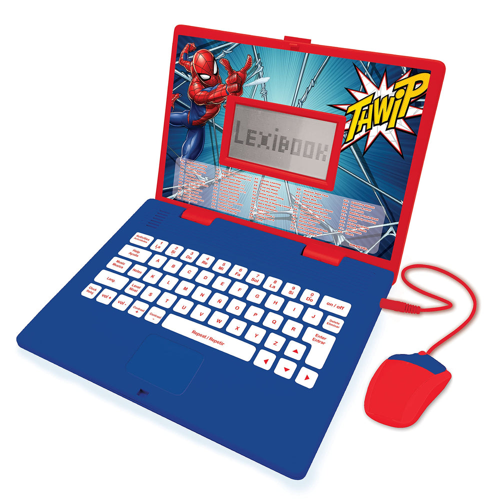LEXiBOOK Spider-Man laptop front view for bilingual learning in red and blue.
