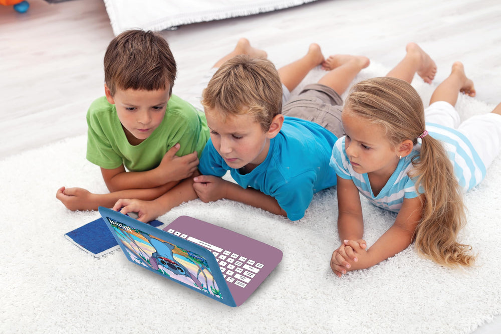 Child using Lexibook Stitch laptop during travel ideal for car journeys