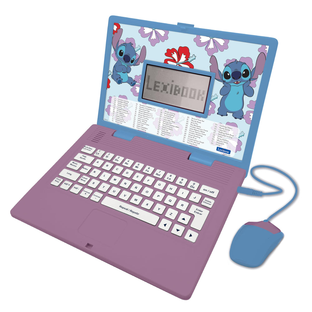 Lexibook Stitch laptop front view highlighting compact, kid friendly design for on the go learning