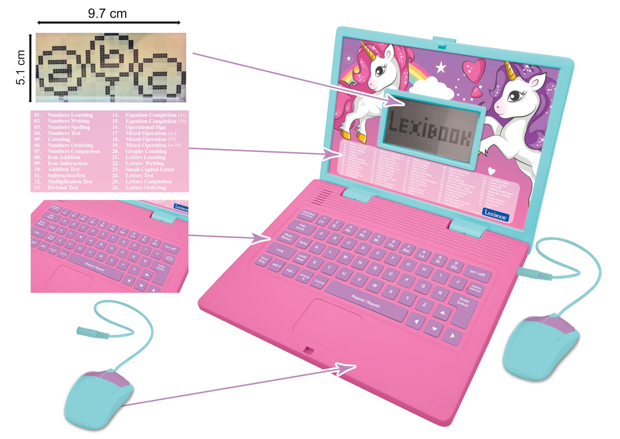 LEXiBOOK Unicorn Laptop screen with animations supports math and language exploration