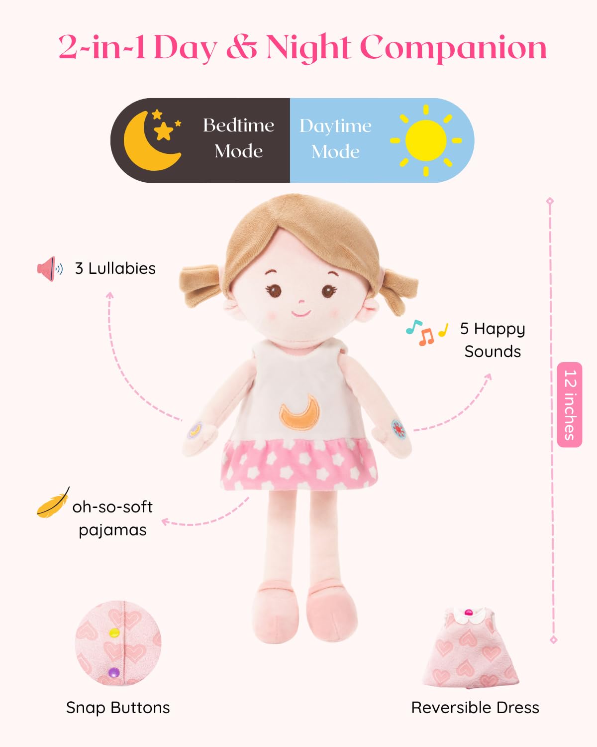 LeyaDoll lullaby mode with three calming songs for bedtime.