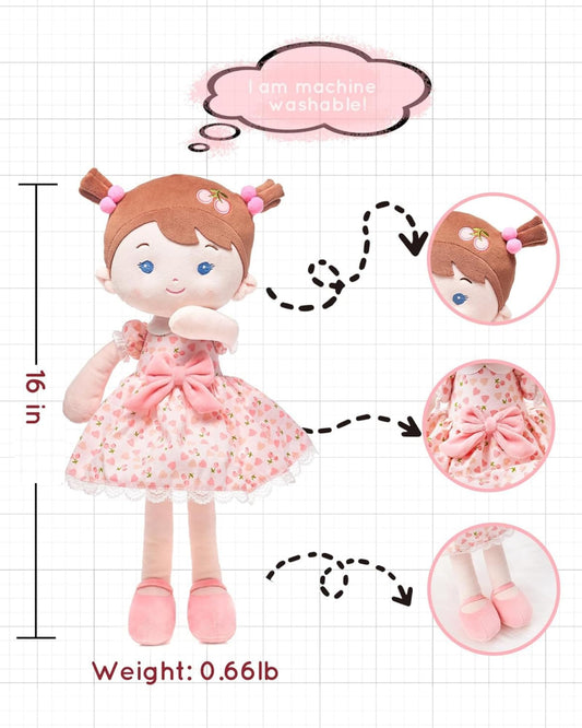 LeyaDoll Cherry doll in pink gift box, perfect for birthdays and holidays.