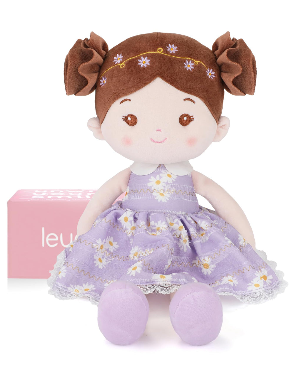 LeyaDoll soft baby doll, 16-inch Daisy Girl in light purple, ideal for imaginative play and comforting cuddles.