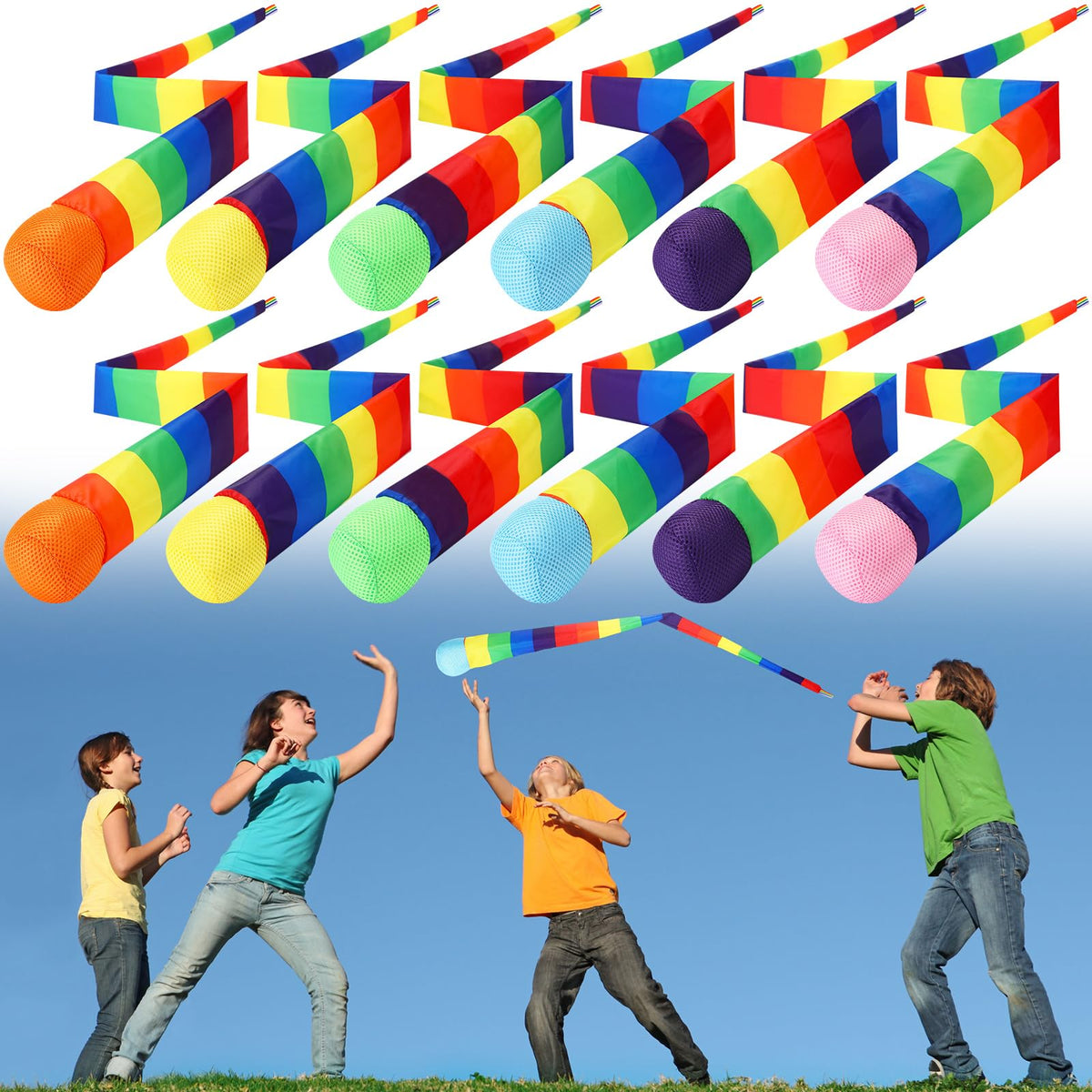Leyndo throw and catch ball with blue rainbow tail for easy grip and family play