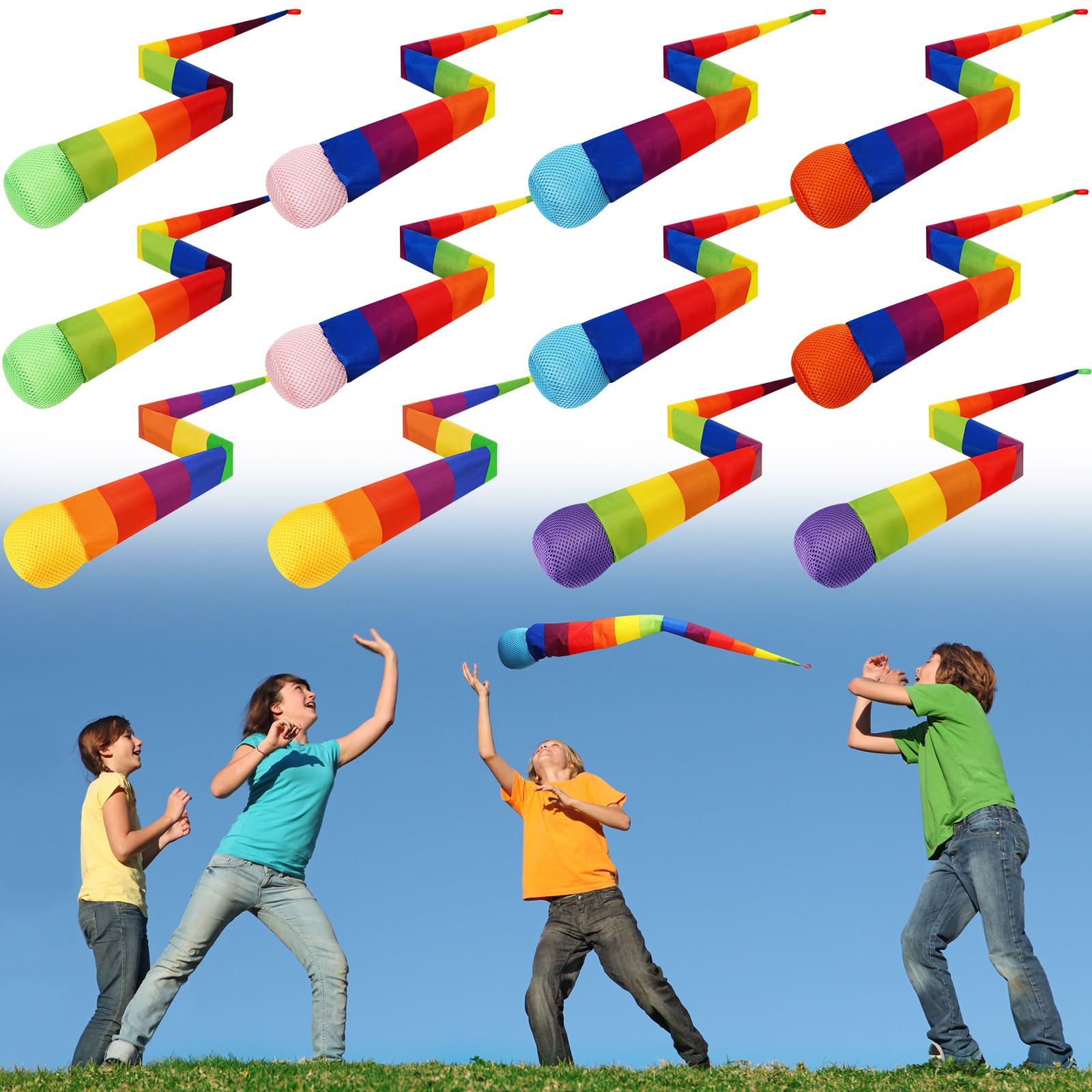 Leyndo 12-piece throw and catch ball with rainbow tail for vibrant outdoor play and coordination.