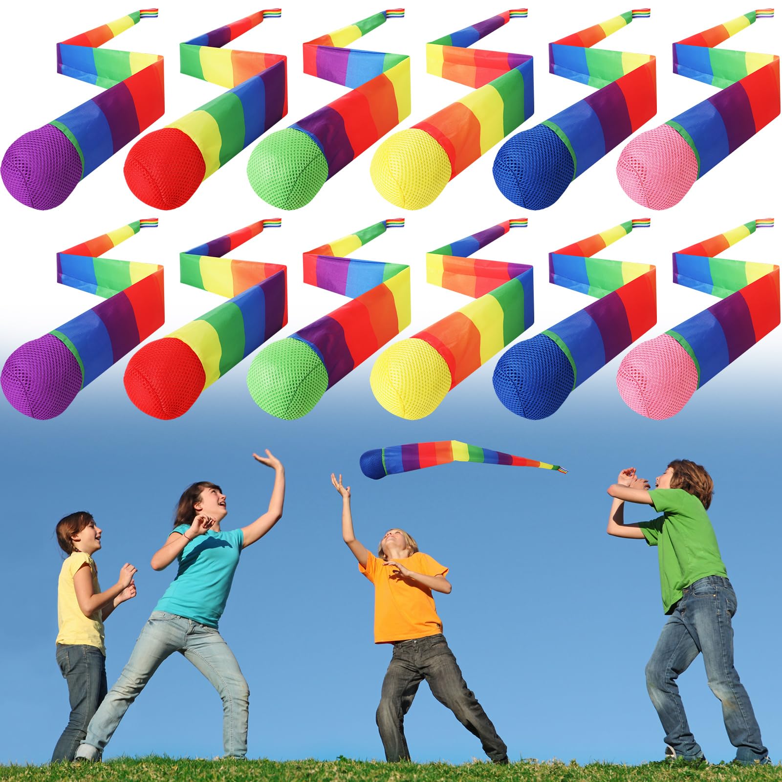 Leyndo 12-piece throw and catch balls with rainbow tails for family play indoors and outdoors.