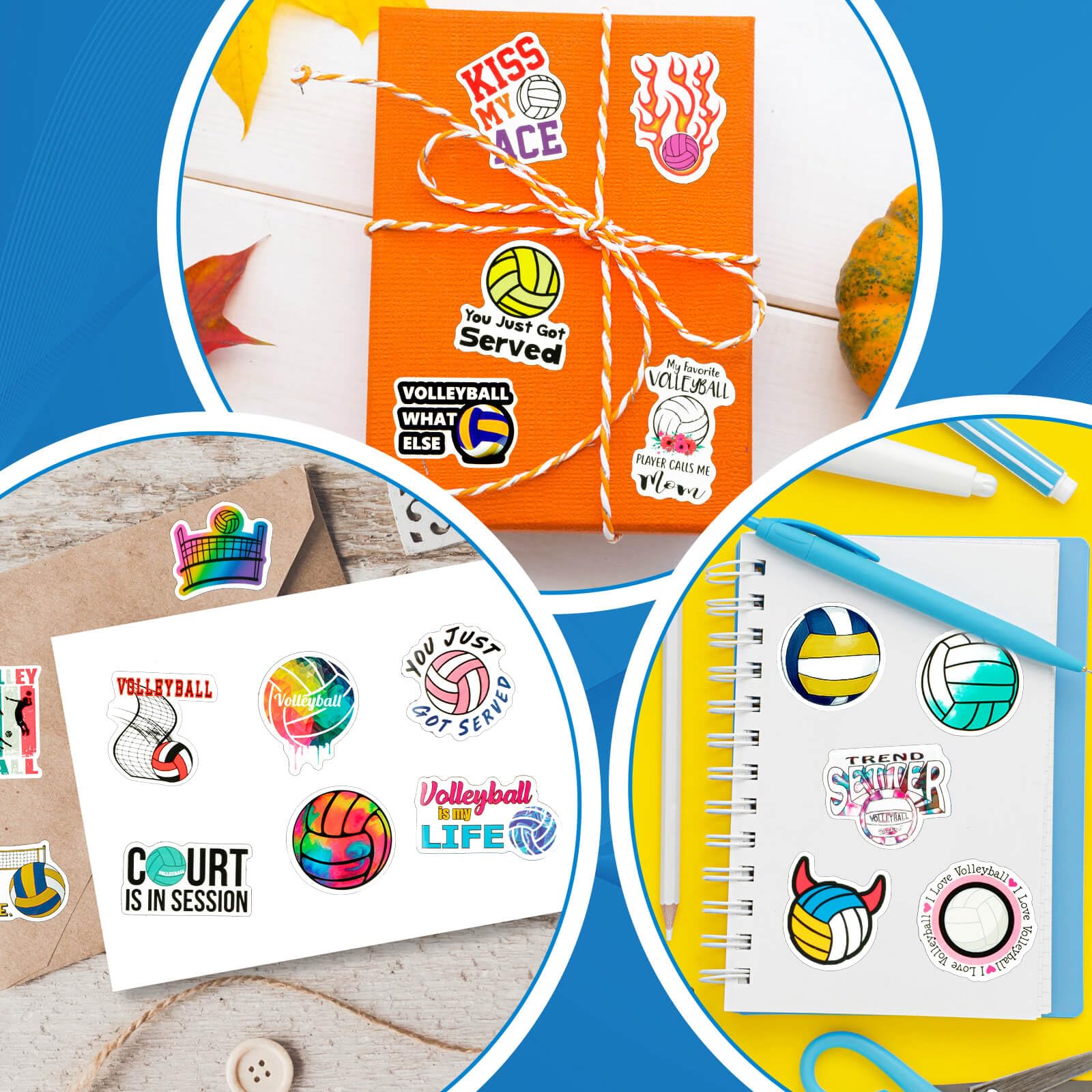 LGFMGWH multi-style stickers collection with various volleyball designs.