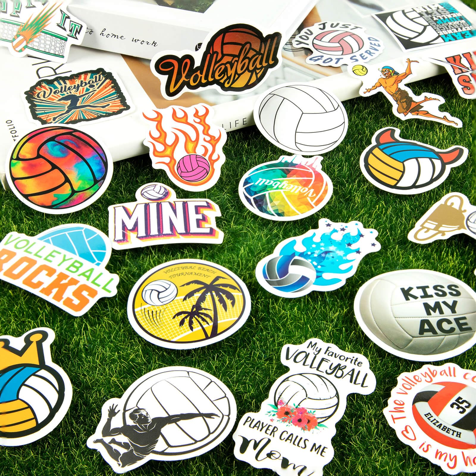 LGFMGWH sticker closeup designs highlight colorful volleyball themes.