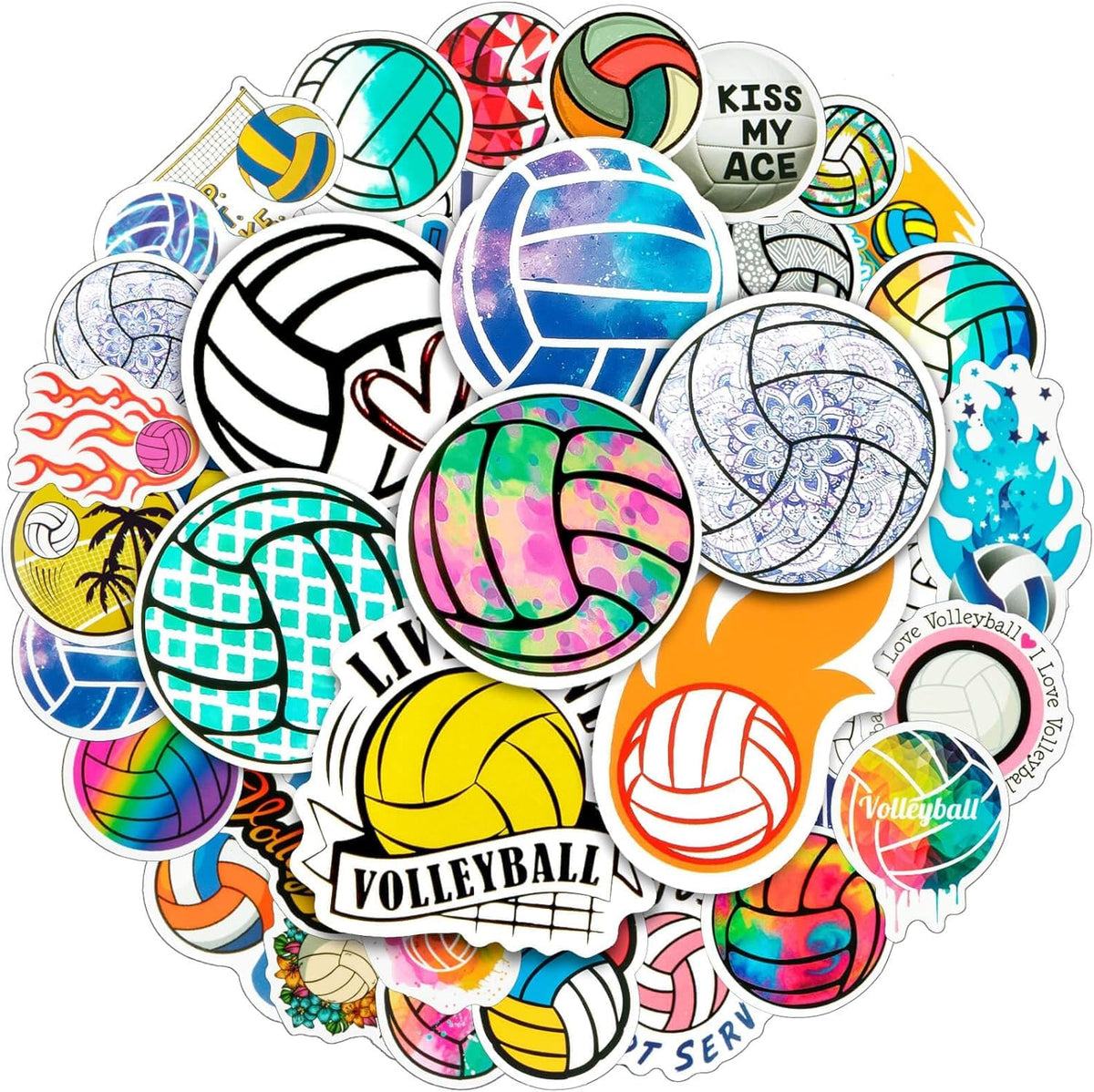 LGFMGWH volleyball stickers pack shot, ideal for water bottles and laptops.