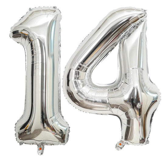 LHOAVWE 40-inch silver 14-number foil balloon set for a milestone backdrop.