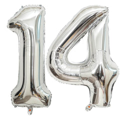 LHOAVWE 40-inch silver 14-number foil balloon set for a milestone backdrop.