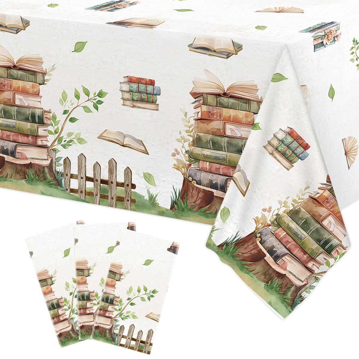 Lianxuia book-themed tablecloth 3pc pack protects tables while adding book club decor.