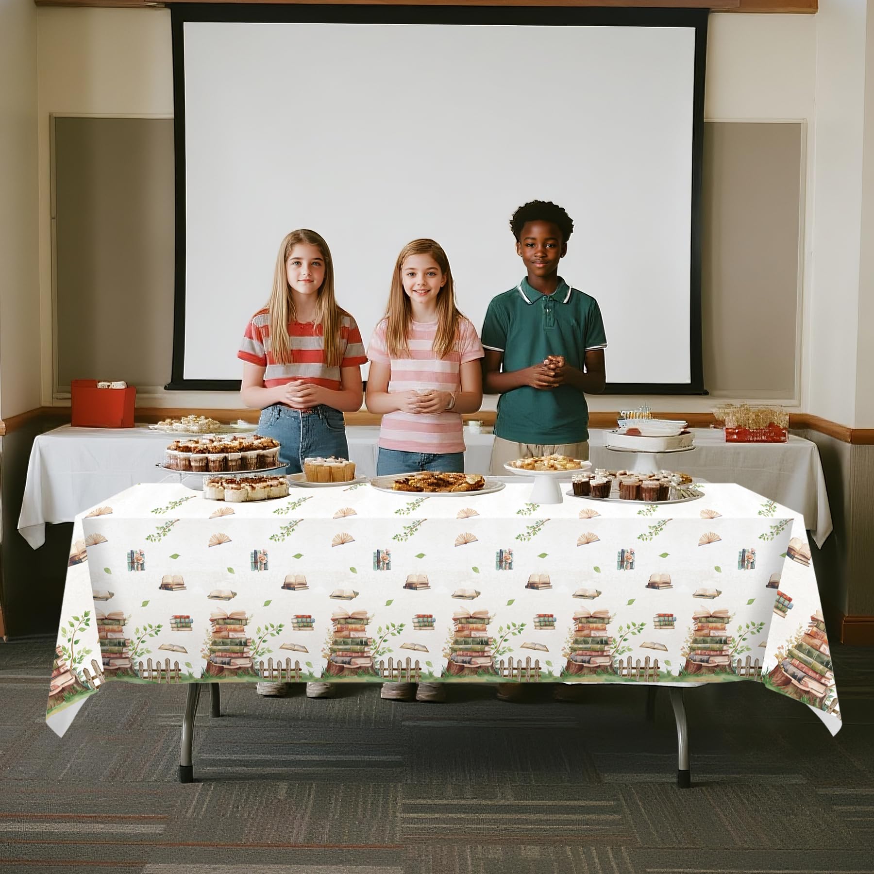 Lianxuia waterproof book-themed tablecloth keeps surfaces clean during meals.