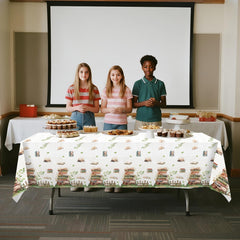 Lianxuia waterproof book-themed tablecloth keeps surfaces clean during meals.