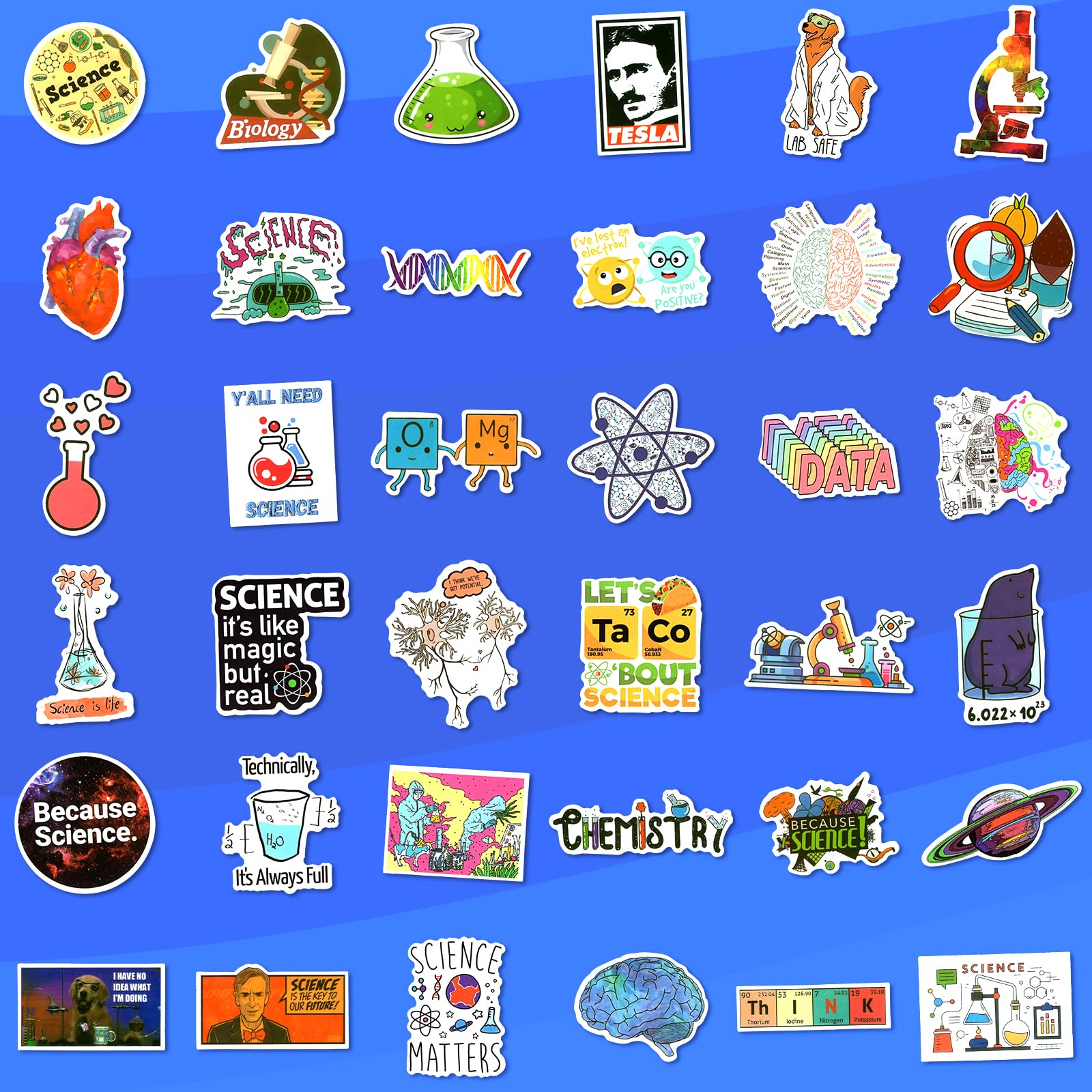 LIAOWL science sticker set featuring physics, biology, chemistry, and math on laptops