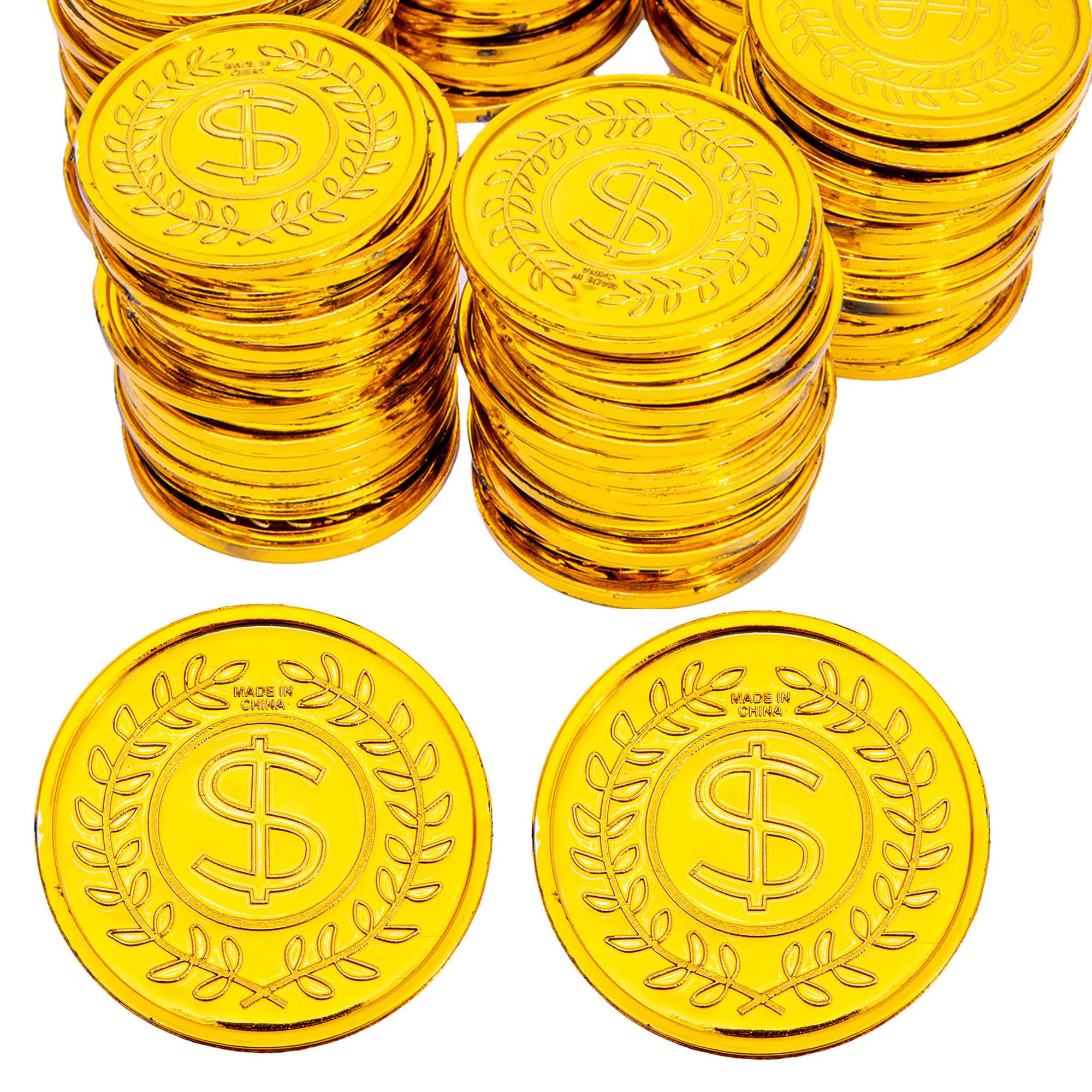 Liatunou gold coins 50-pack for treasure hunts and party décor.