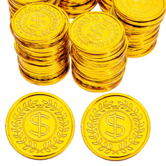 Liatunou gold coins 50-pack for treasure hunts and party décor.