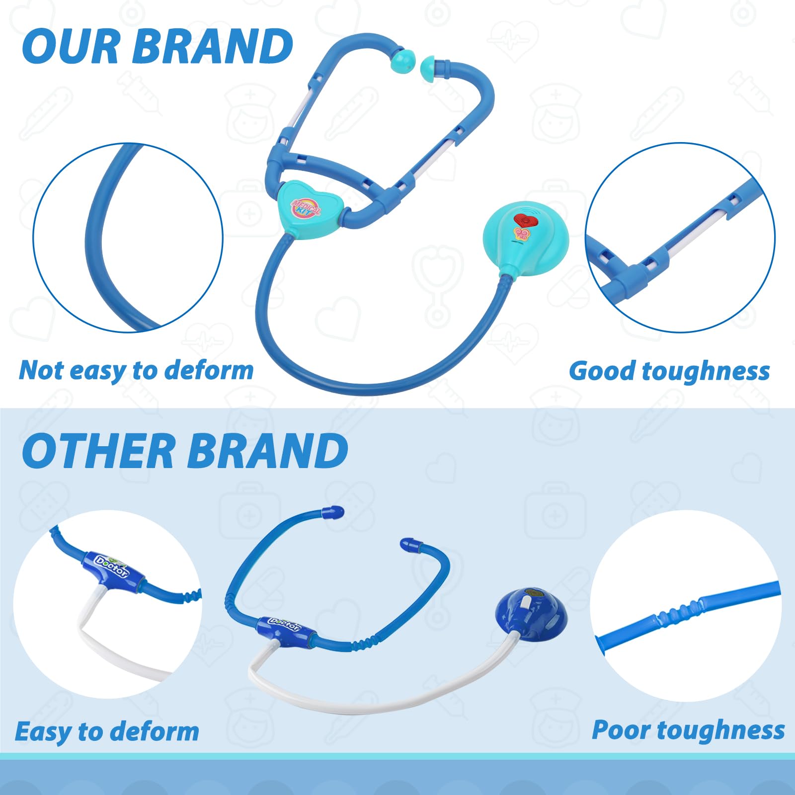 Liberry stethoscope and tools included for realistic pretend exams.