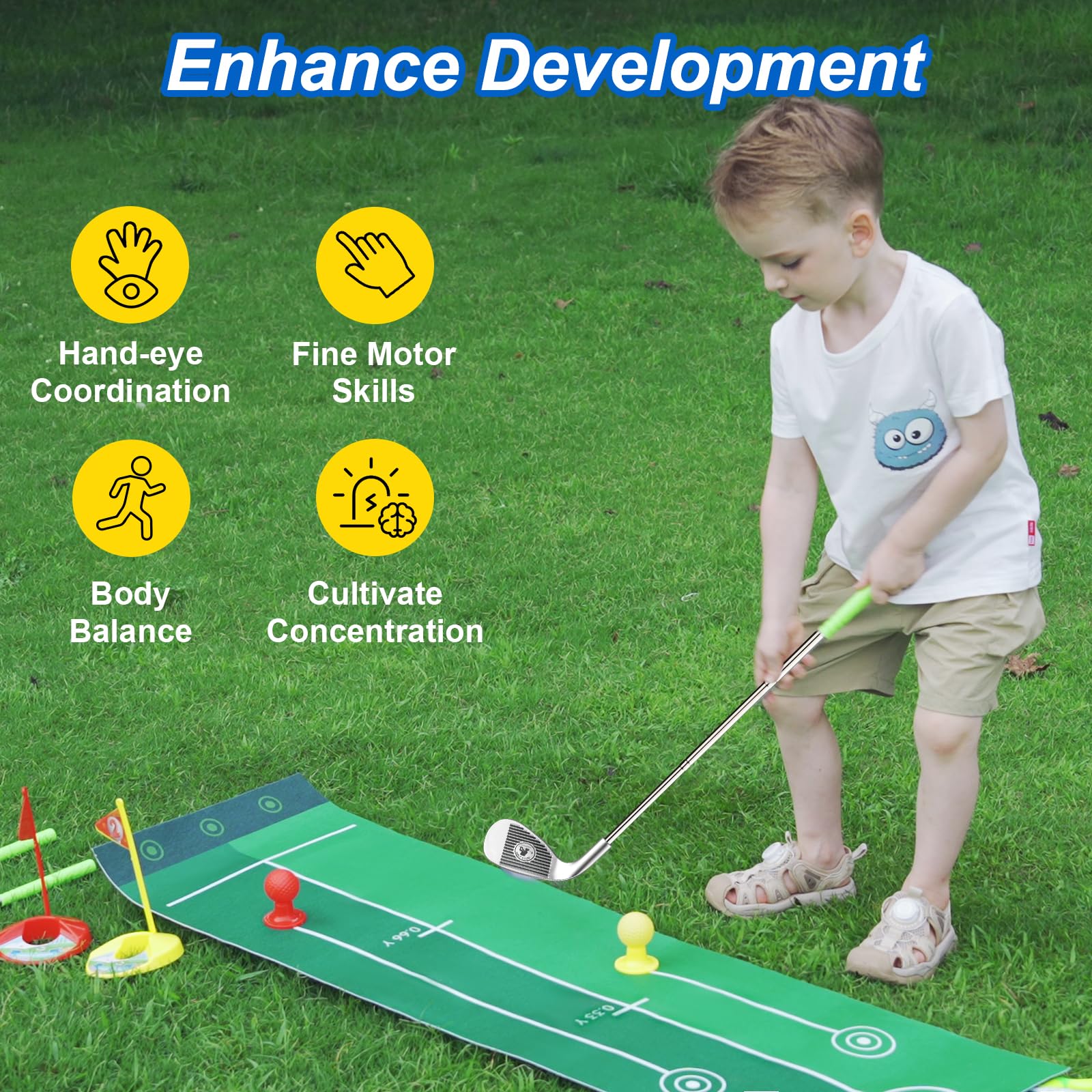 Liberry Includes eight balls, two tees, two holes, and three clubs.