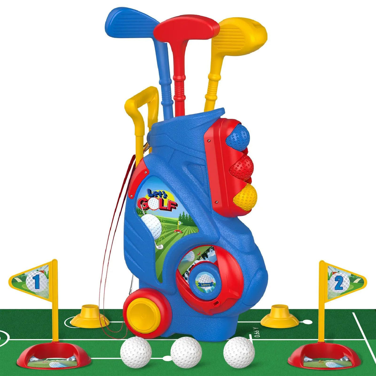 Liberry toddler golf set cart shown for easy transport during playtime.
