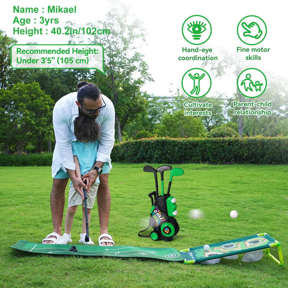 Liberry Toddler Golf Set putting mat guiding strokes along lines for focus.