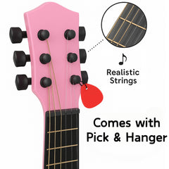 Liberty Imports pink 6-string guitar close-up on stainless steel strings
