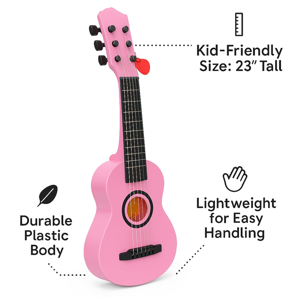 Liberty Imports pink guitar back view with tuning knobs for tuning practice