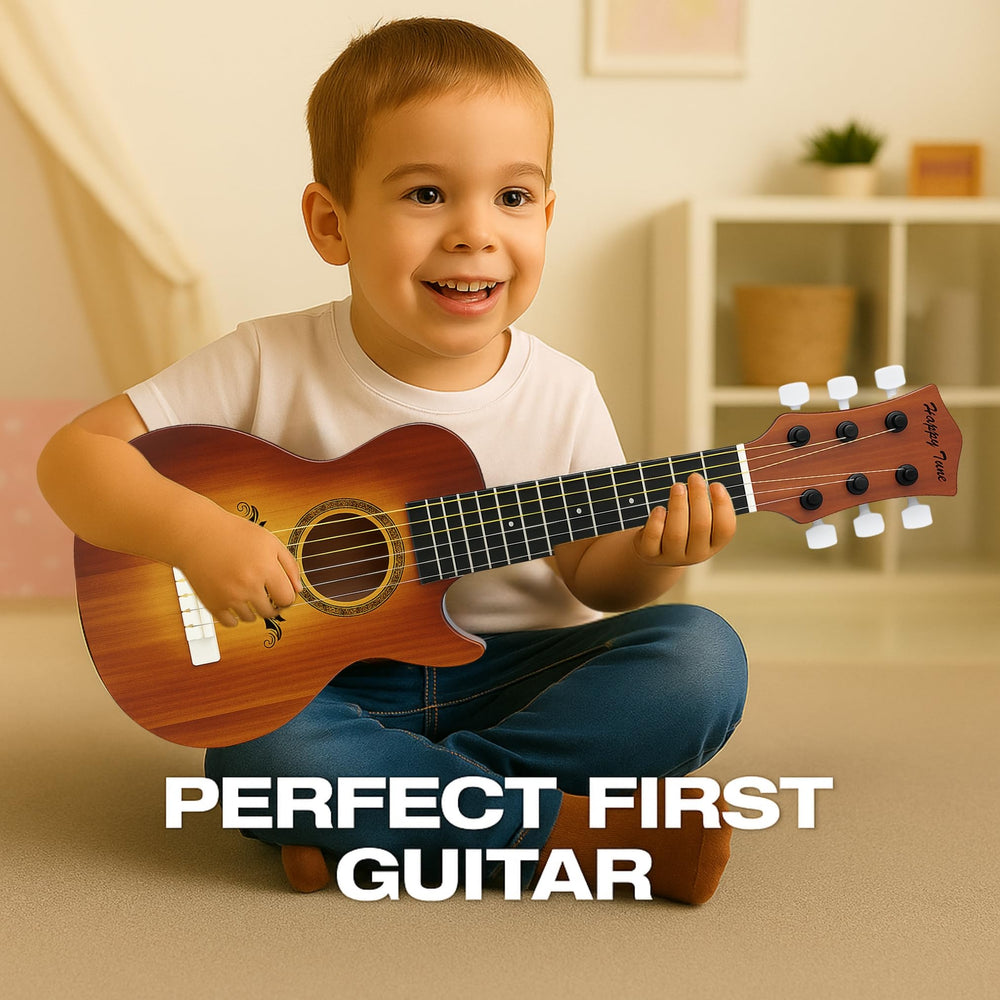 Liberty Imports 23-inch guitar with pick and strings shown.