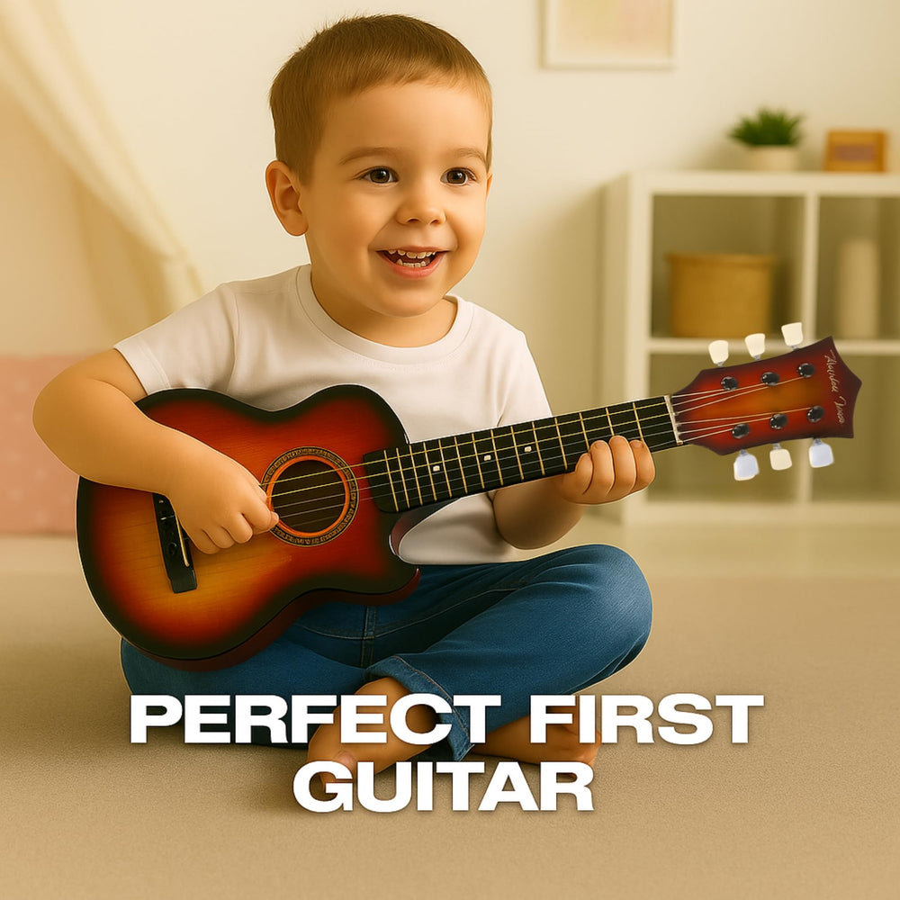 Liberty Imports 23-inch kids guitar scale-size shown next to a hand demonstrates child-friendly dimensions.