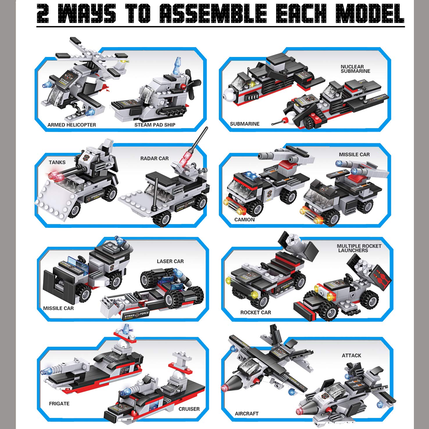 Liberty Imports 8-in-1 naval warfare models — build multiple designs for varied play scenarios.