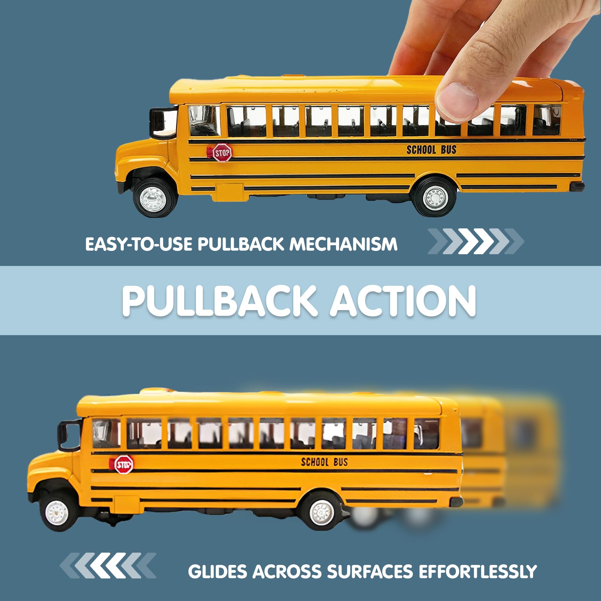Liberty Imports pullback bus, no batteries needed, easy fast fun.