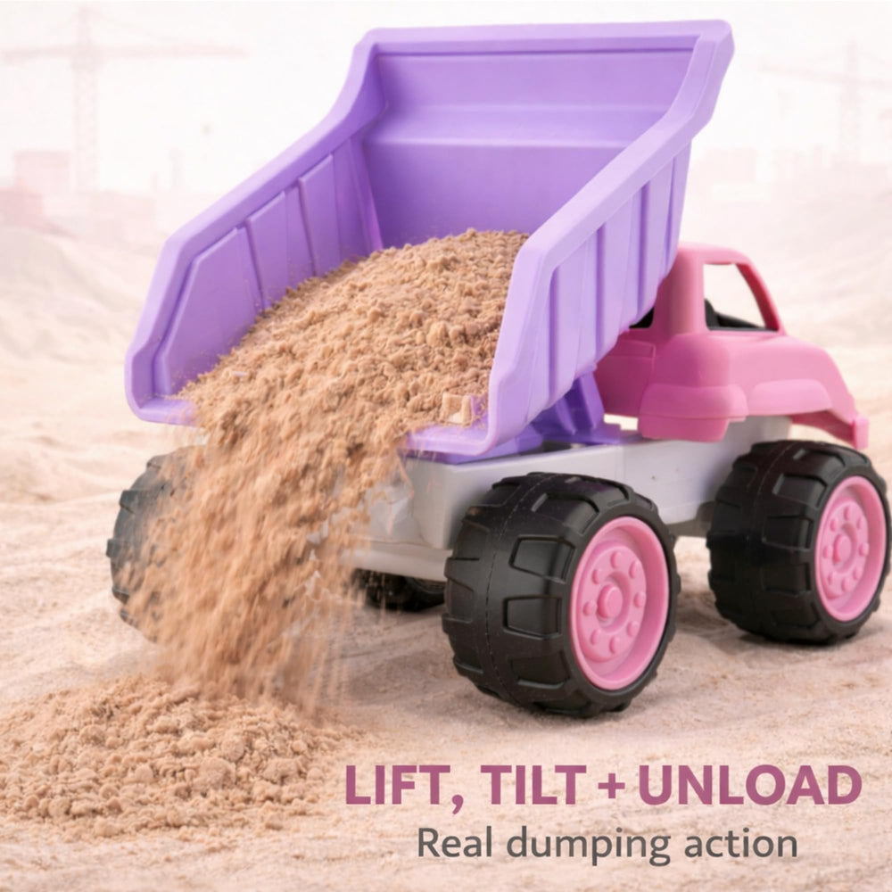 Liberty Imports pink dump truck in action supports imaginative play and building skills.