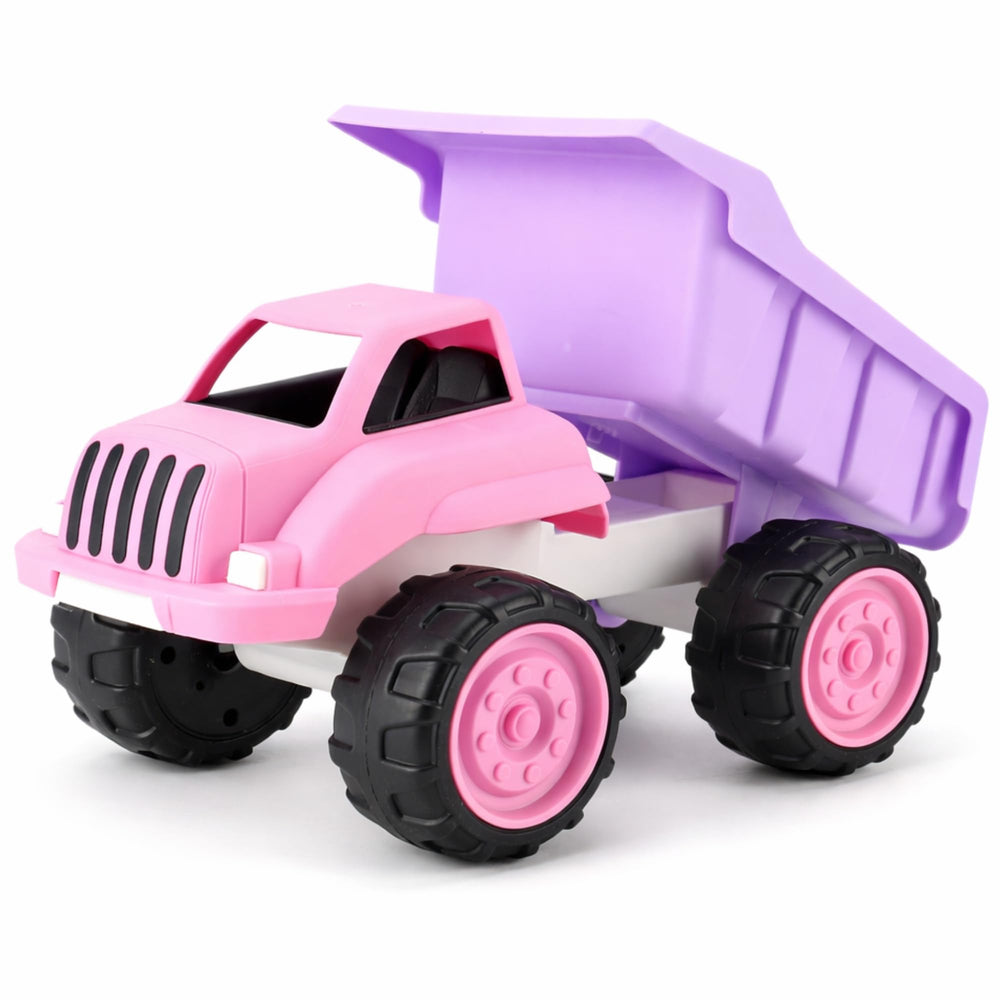 Liberty Imports pink dump truck side view for outdoor play and sandbox adventures.