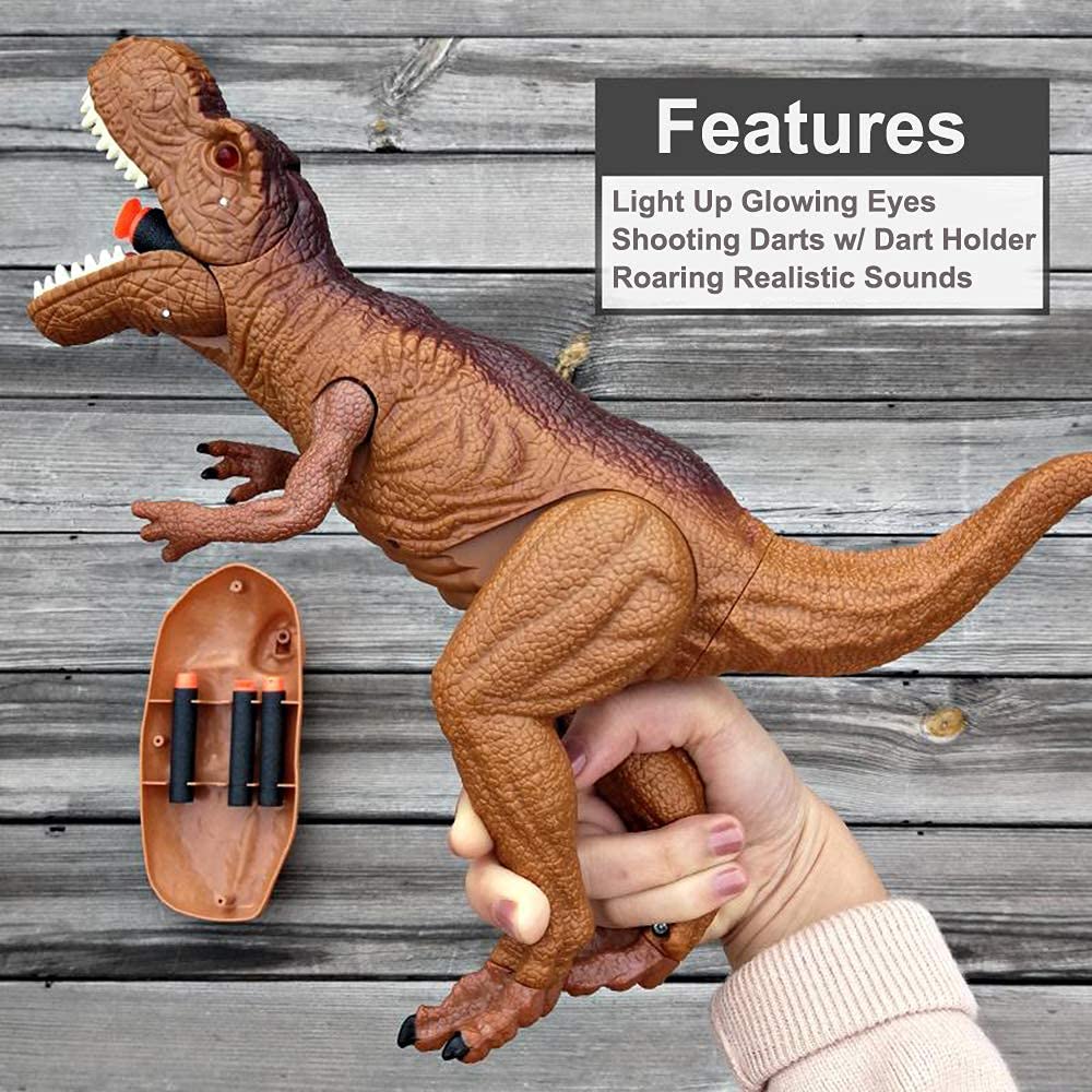 Glowing eyes and roaring sounds enhance pretend dinosaur adventures