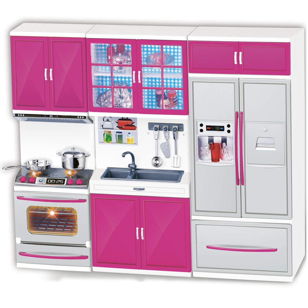 Liberty Imports doll kitchen open doors for imaginative play and pretend organization.