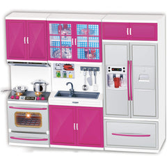 Liberty Imports doll kitchen open doors for imaginative play and pretend organization.