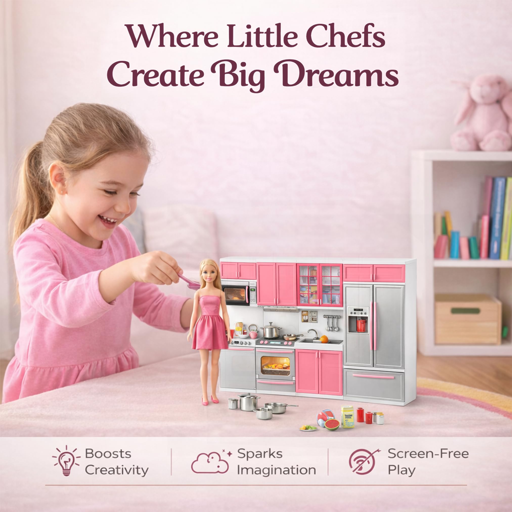 Liberty Imports pink doll kitchen cabinets keep tiny cookware organized.