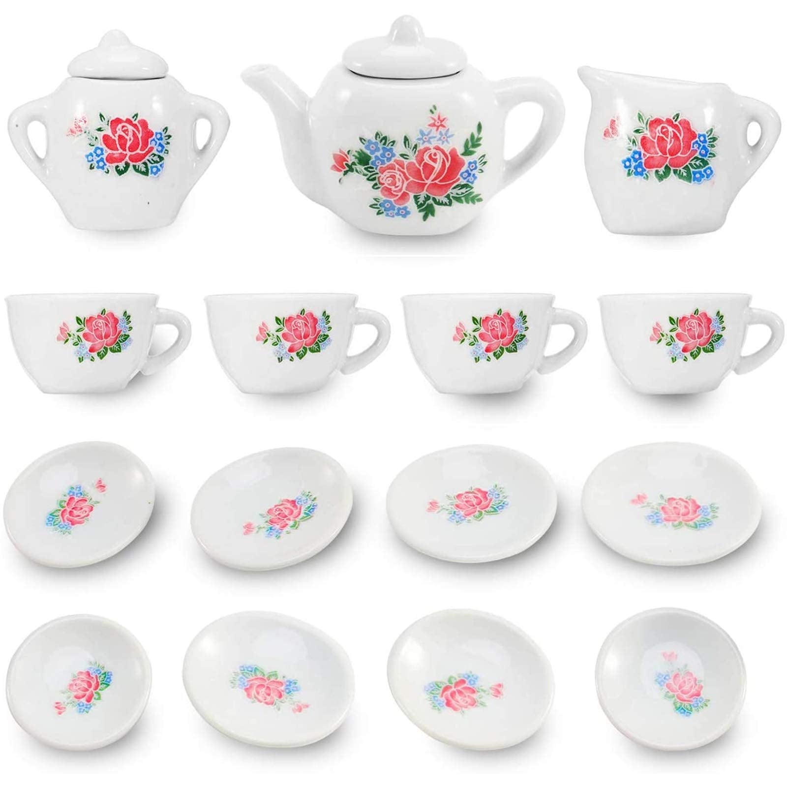 Liberty Imports floral mini tea set teacups for pretend play and dollhouse tea parties.