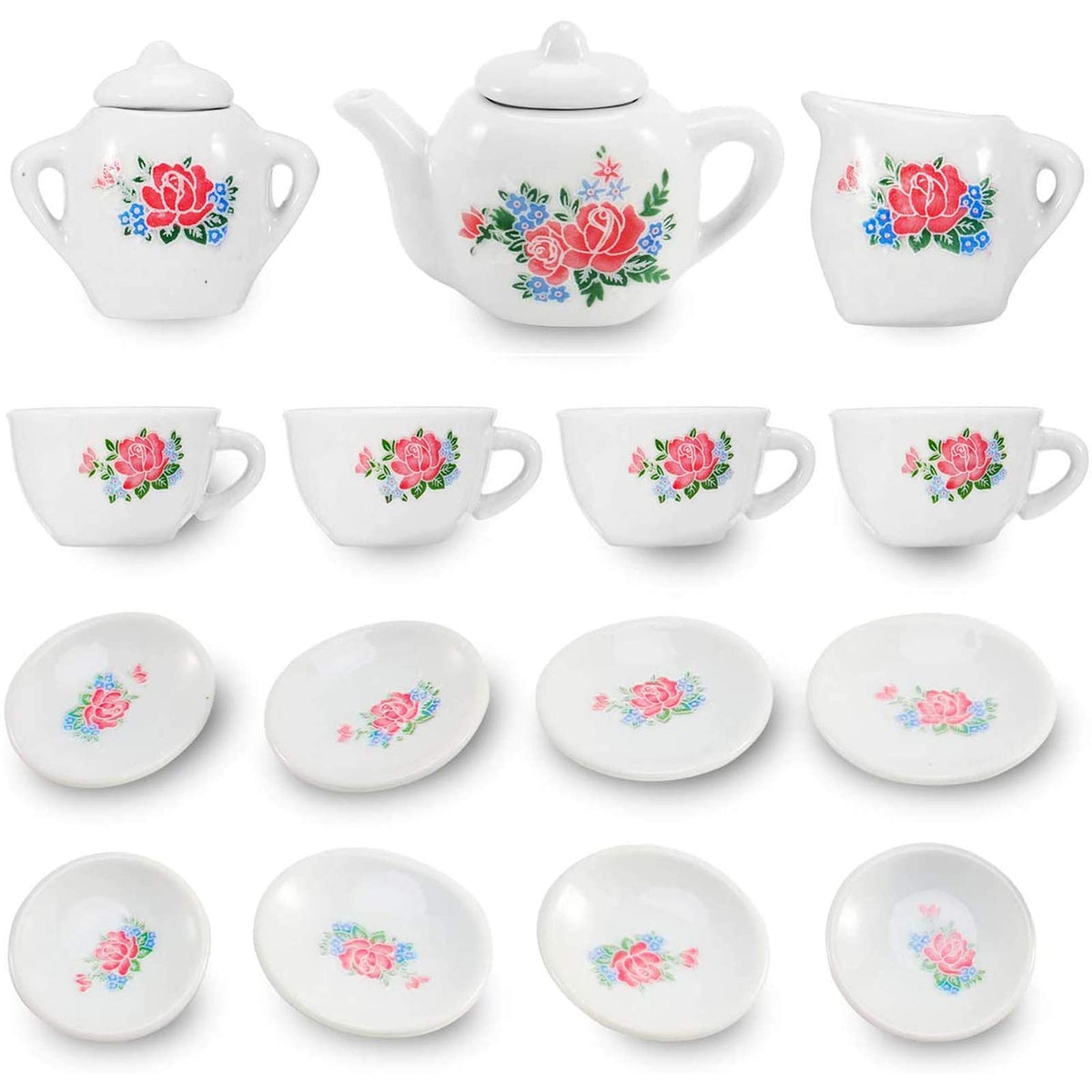 Liberty Imports floral mini tea set teacups for pretend play and dollhouse tea parties.