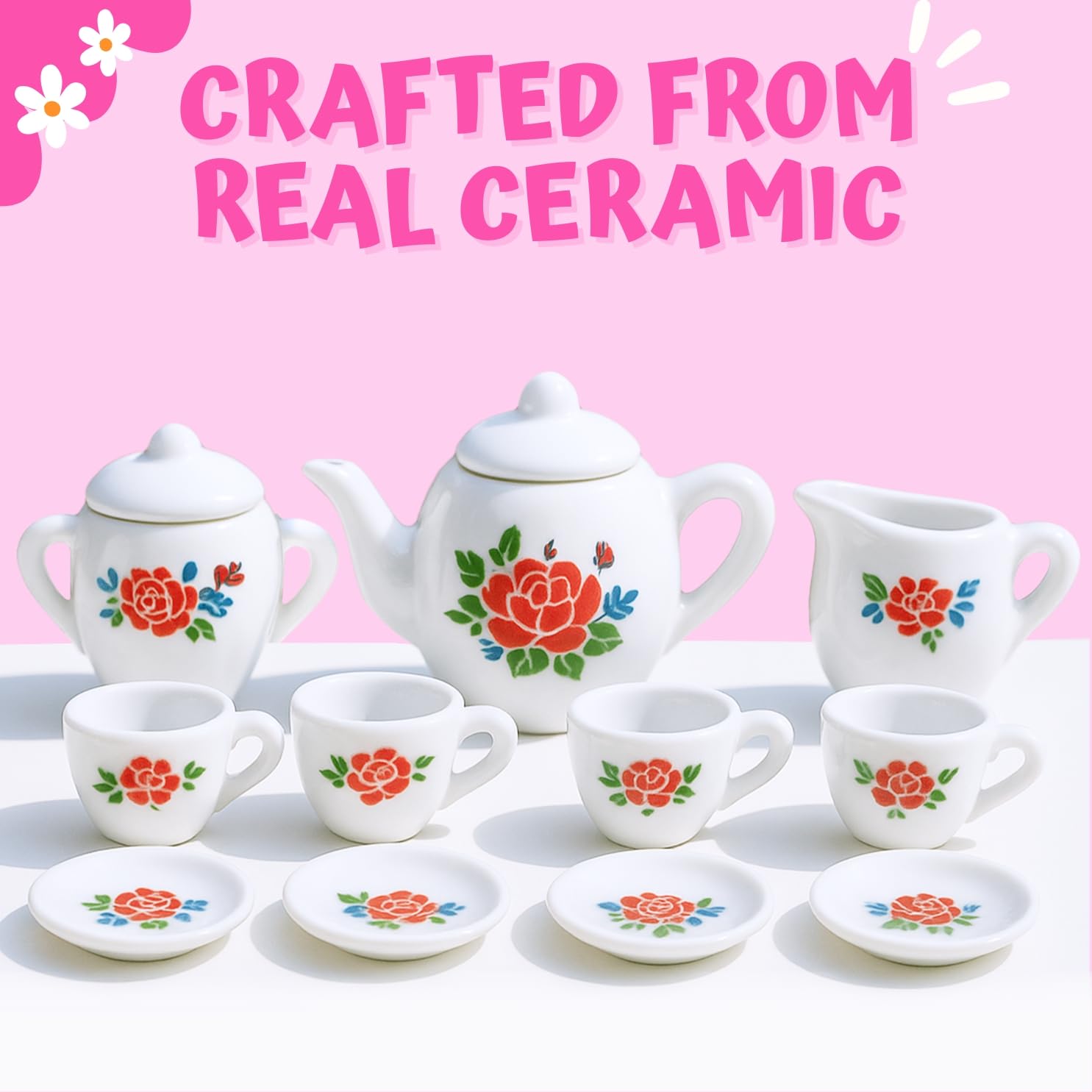 Liberty Imports teapot with lid features rose motif for elegant pretend tea time.