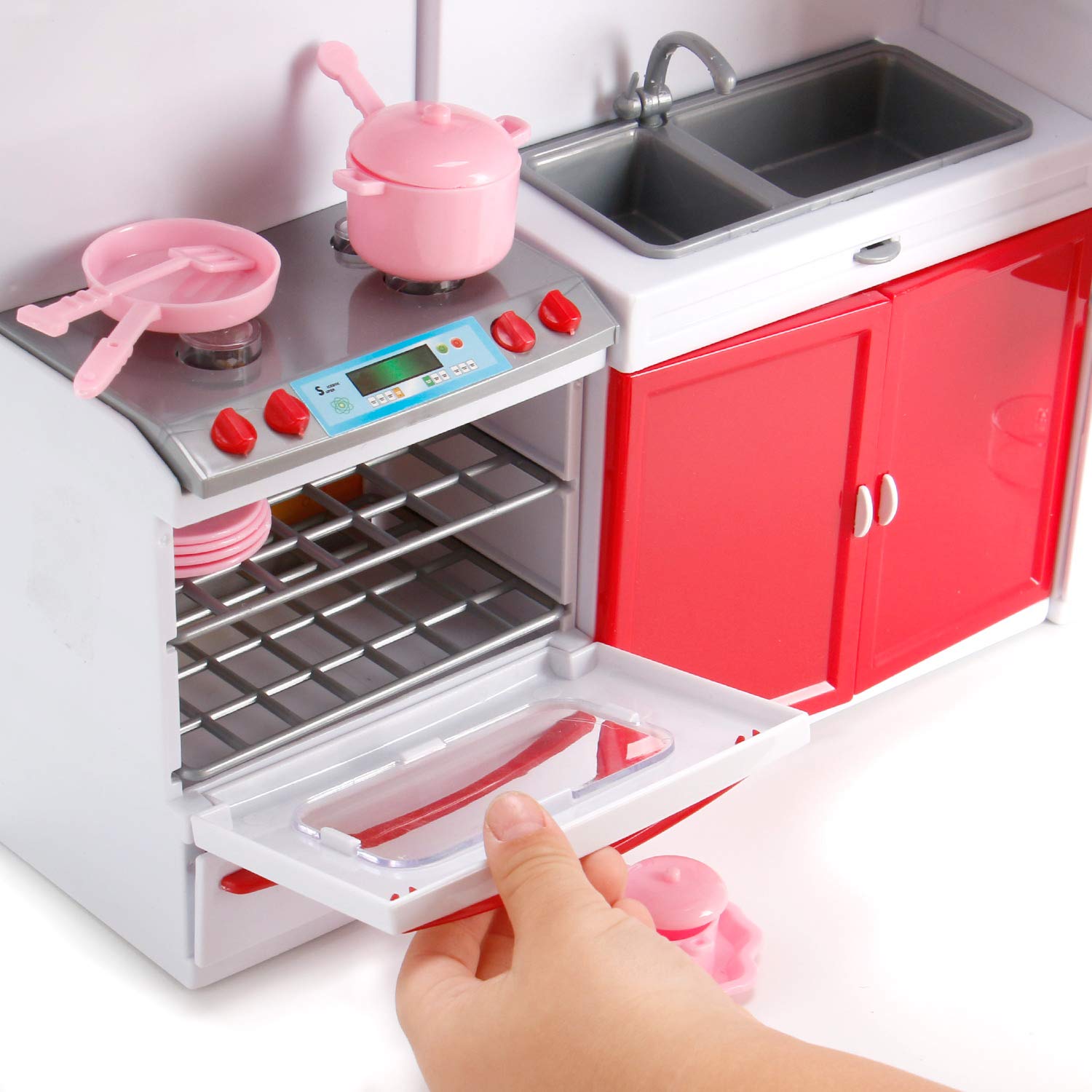 Liberty Imports Gourmet Red Doll Kitchen Refrigerator illuminated for chilly meal prep scenes