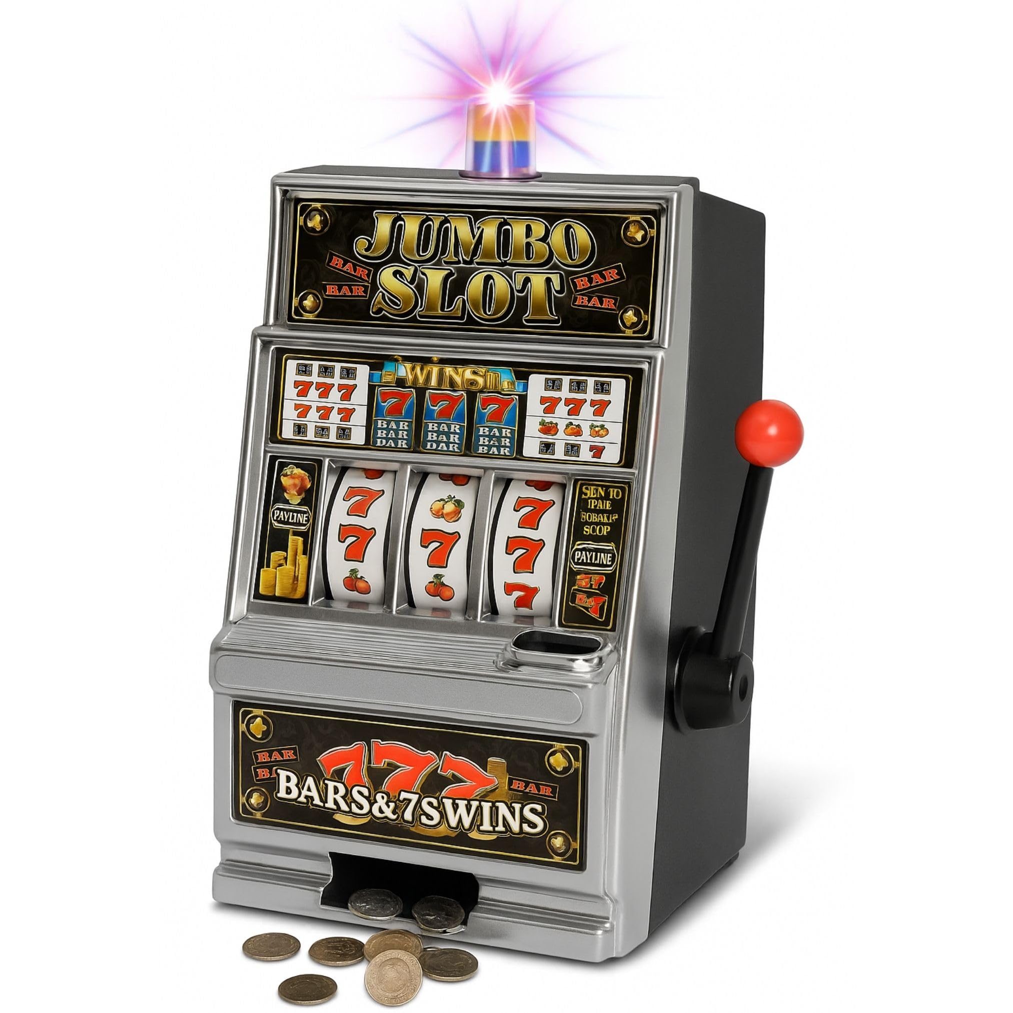 Liberty Imports Lucky Sevens jumbo slot machine side view with flashing lights for home fun