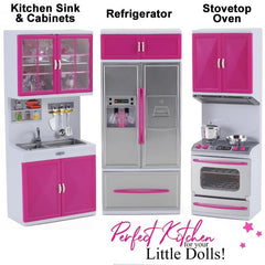 Liberty Imports pink mini playset with microwave light enhances realistic pretend cooking.
