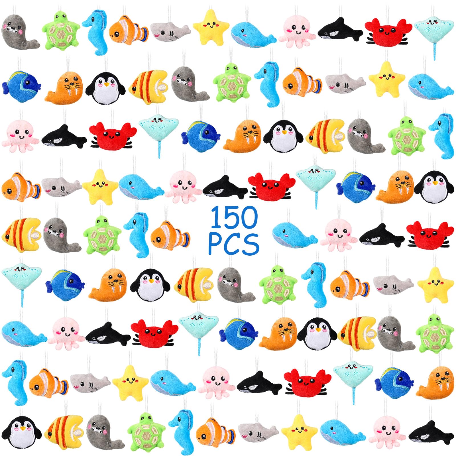 Libima sea life mini plush keychains on display; vibrant party favors.