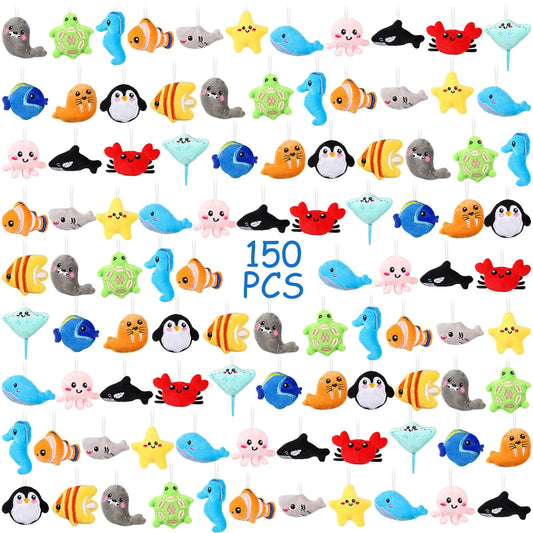 Libima sea life mini plush keychains on display; vibrant party favors.