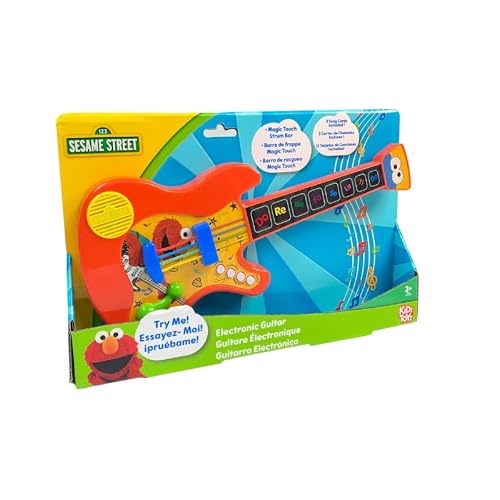LICENSE 2 PLAY Sesame Street Music Time Guitar in-use with child smiling supports fine motor skills.