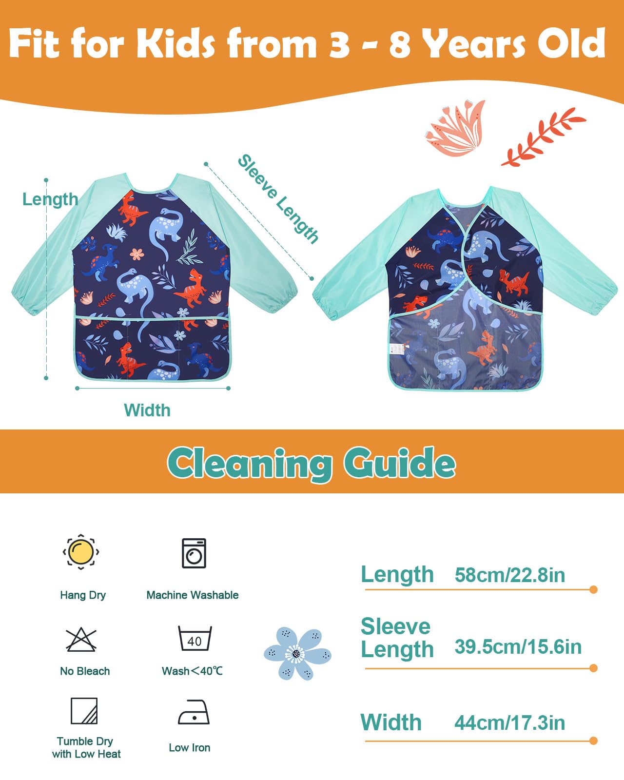 Lictin long-sleeve kids smock blue with secure back closure for quick changes